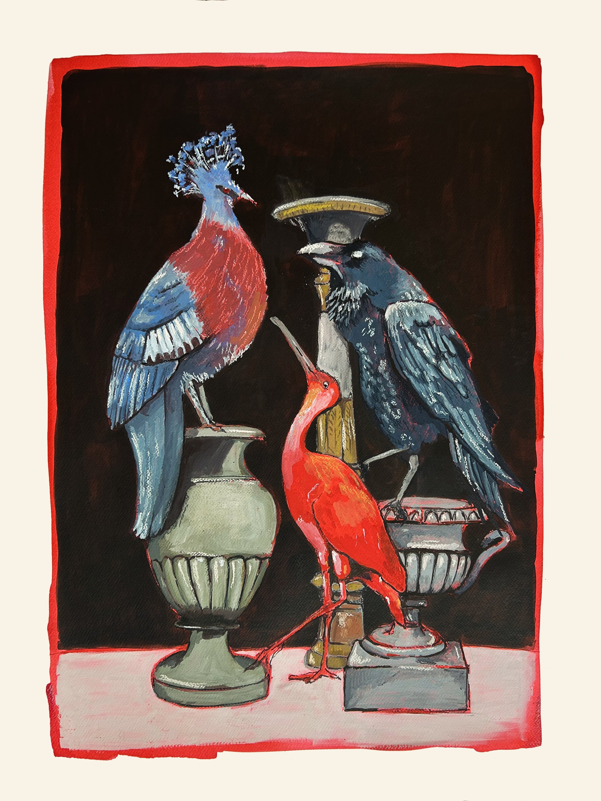 Nature morte aux trois oiseaux - Ibis rouge, Goura de Victoria & Corbeau.