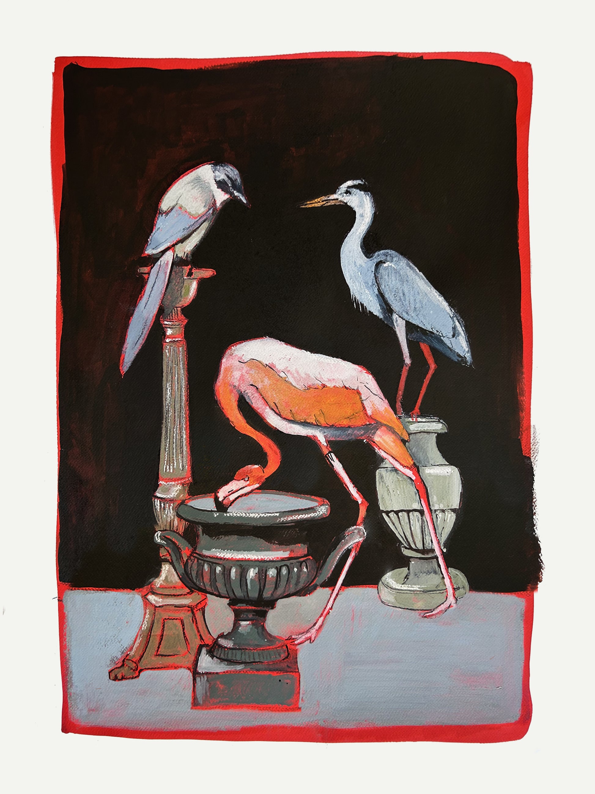 Nature morte aux trois oiseaux - Flamant rose, Héron cendré & Pie-bleue à calotte noire